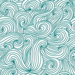 Fototapeta na wymiar Seamless wave hand-drawn pattern. Blue sea abstract waving curling lines. Perfectly look on fabric, textile, etc. Vector Illustration