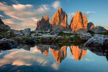 Peel and stick wall murals Dolomites Tre Cime di Lavaredo with reflection in lake at sundown, Dolomit