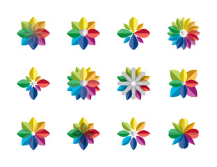 Abstract rainbow flower logo, geometric flora icon, set of colorful floral sign, gradient star collection isolated on white