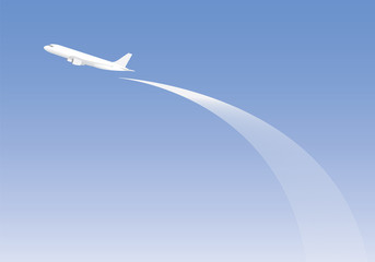 White airplane fly up on blank blue sky and line curve background