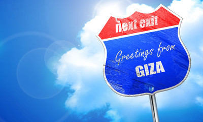 Greetings from giza, 3D rendering, blue street sign