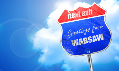 Greetings from warsaw, 3D rendering, blue street sign