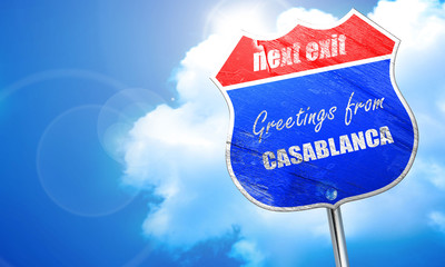 Greetings from casblanca, 3D rendering, blue street sign