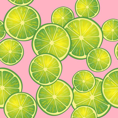 Vector illustration of lime slices on pink background in different angles. Pattern.