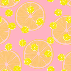 Vector illustration of lemon slices in same sizes on pink. Pattern.
