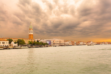 Venice landmark, view from the sea of Piazza San Marco or st Mark square, Campanile and...