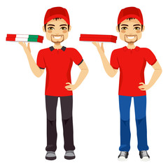 Pizza delivery man standing delivering order in two different versions