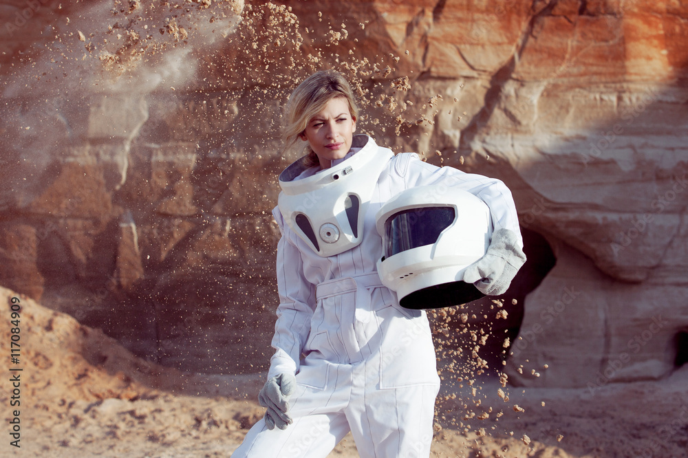 Poster futuristic astronaut without a helmet on another planet, image with the effect of toning