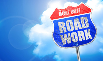road work, 3D rendering, blue street sign