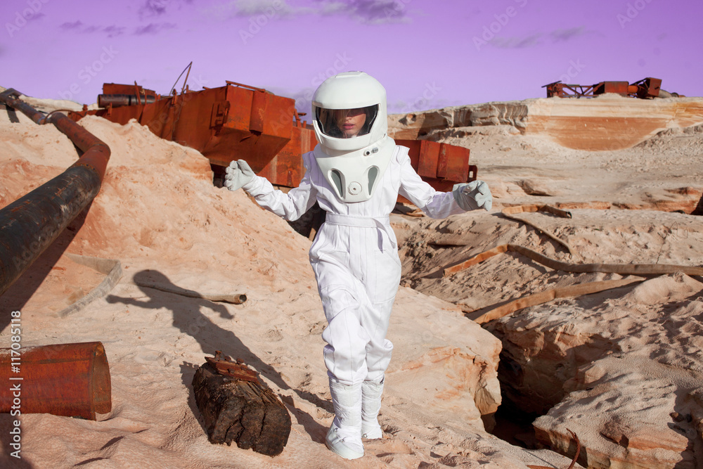 Poster futuristic astronaut on another planet, mars. image with the effect of toning
