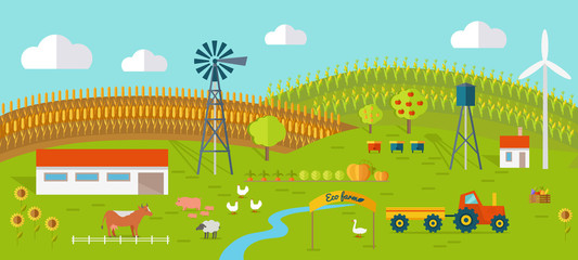 Eco Farm Conceptual Vector in Flat Style Design.