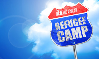 refugee camp, 3D rendering, blue street sign