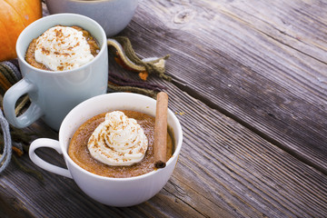 Quick meal breakfast snack in the microwave. Fragrant homemade pumpkin pie fall for five minutes in the cup portions with whipped cream and cinnamon on a wooden background