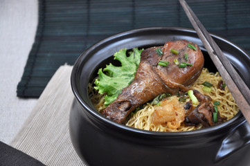 Big Chicken Drumstick with Noodle in Black Bowl