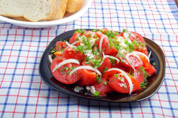 Bowl of vegetarian salad with tomatoes, peppers, onions and oliv
