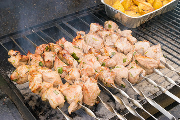 Grilling marinated shashlik on grill.