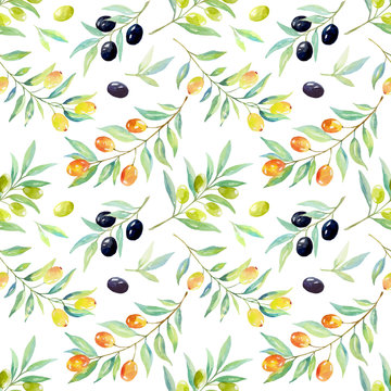 Seamless floral pattern with berries and olives.