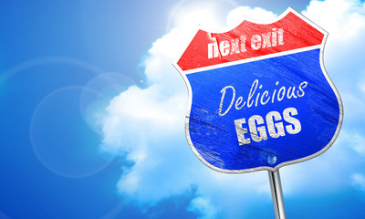 Delicious egg sign, 3D rendering, blue street sign