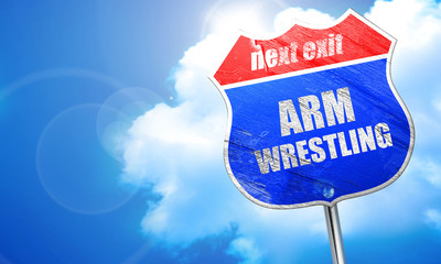 arm wrestling sign background, 3D rendering, blue street sign