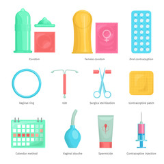 Contraception methods cartoon icons set with calendar injection and oral contraception symbols. Birth control vector illustration.