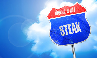 Delicious steak sign, 3D rendering, blue street sign