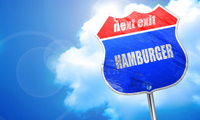 Delicious hamburger sign, 3D rendering, blue street sign
