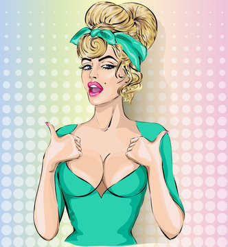 Pop art sexy woman showing thumbs up hand gesture