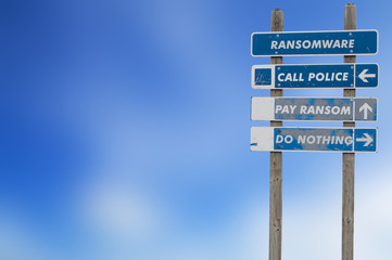 Ransomware decision tree concept with sign post
