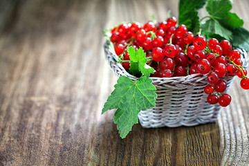 Ripe red currant on wooden background with copy space 