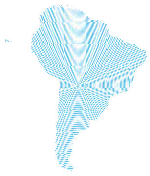 South America map radial dot pattern. Blue dots going from the center outwards and form the silhouette of the continent. Illustration on white background.