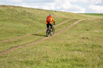 Obraz premium Young man cycling on a rural road through green meadow