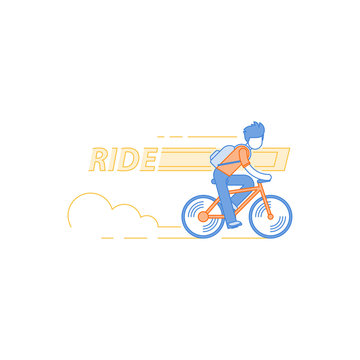 Man in casual dress cycling, student commuting by bicycle, daily riding by bike to business, isolated vector flat design illustration