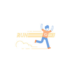 Running man, finish line, first winner, healthy lifestyle, marathon competition, triathlon contest, sport activity event