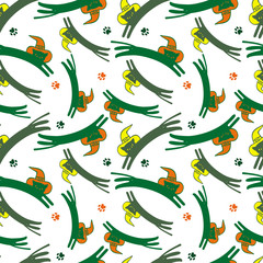 Seamless pattern with cats in witch hat. Vector clip art.