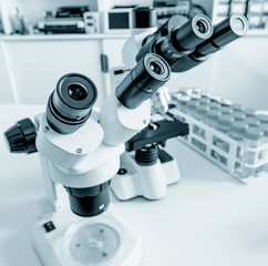 Fototapeta na wymiar Science microscope on lab bench. Microbiology laboratory. Blue toned image of binocular microscope