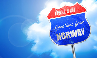 Greetings from norway, 3D rendering, blue street sign