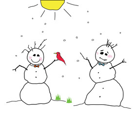 two weird and funny snowmen in winter with bird doodle drawing