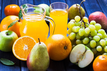 Fruit and juice still life, jug, glass, grape, pear, Apple, oranges
