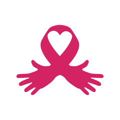 Hope and breast cancer concept represented by ribbon and hand icon. Isolated and flat illustration