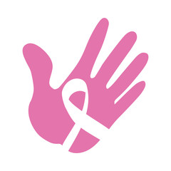 Hope and breast cancer concept represented by ribbon and hand icon. Isolated and flat illustration