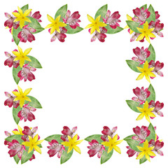 Beautiful floral background with yellow lilies and pink alstroemeria 