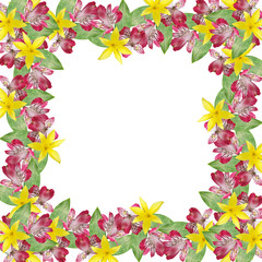 Beautiful floral background with yellow lilies and pink alstroemeria 