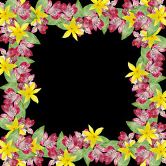 Beautiful floral background with yellow lilies and pink alstroemeria 