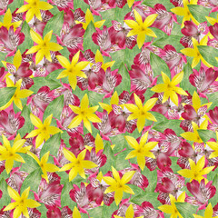 Beautiful floral background with yellow lilies and pink alstroemeria 