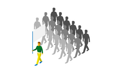 Isometric flag bearer in Brazilian colors with blank standard and a lot of grey people behind him