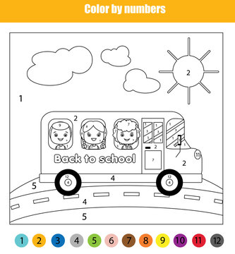 Coloring page with kids in school bus. Color by numbers children educational game, back to school theme