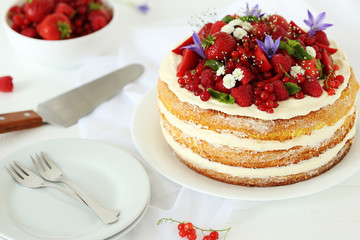 Delicious biscuit cake with berries on white wooden table