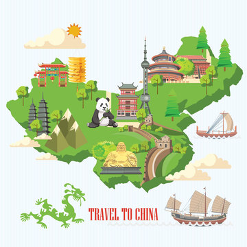 China travel vector illustration. Chinese set with architecture, food, costumes, traditional symbols in vintage style. Chinese text means China