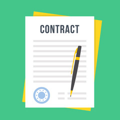 Contract document with rubber stamp and pen. Sign contract concept. Flat style design vector illustration - obrazy, fototapety, plakaty