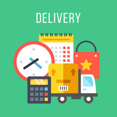 Delivery. Flat icons set with clock, calculator, calendar, sale bag, parcel and delivery truck. Shipping, transportation concepts. Flat design vector illustration